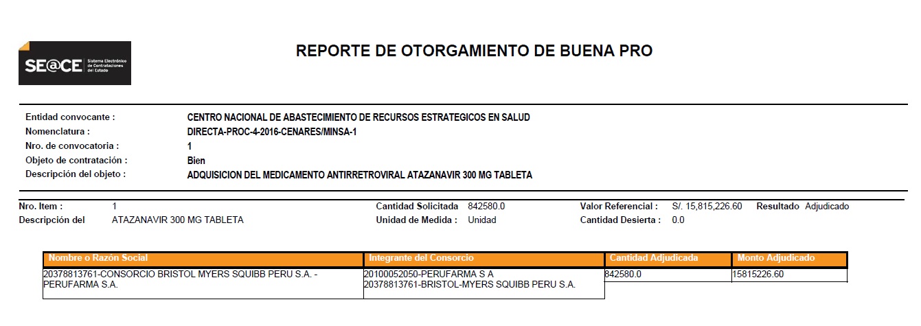 Reporte de Seace sobre última compra de Rayataz (Atazanavir) 