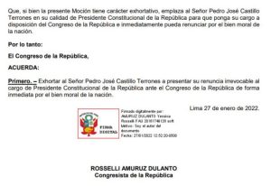 Congresista presentó moción que "exhorta" a Pedro Castillo a presentar su renuncia irrevocable 
