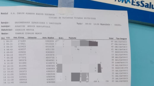 Lista de 16 personas con VIH cuyas identidades estaban en una lista en las afueras de consultorio de infectología de hospital EsSalud en Arequipa.